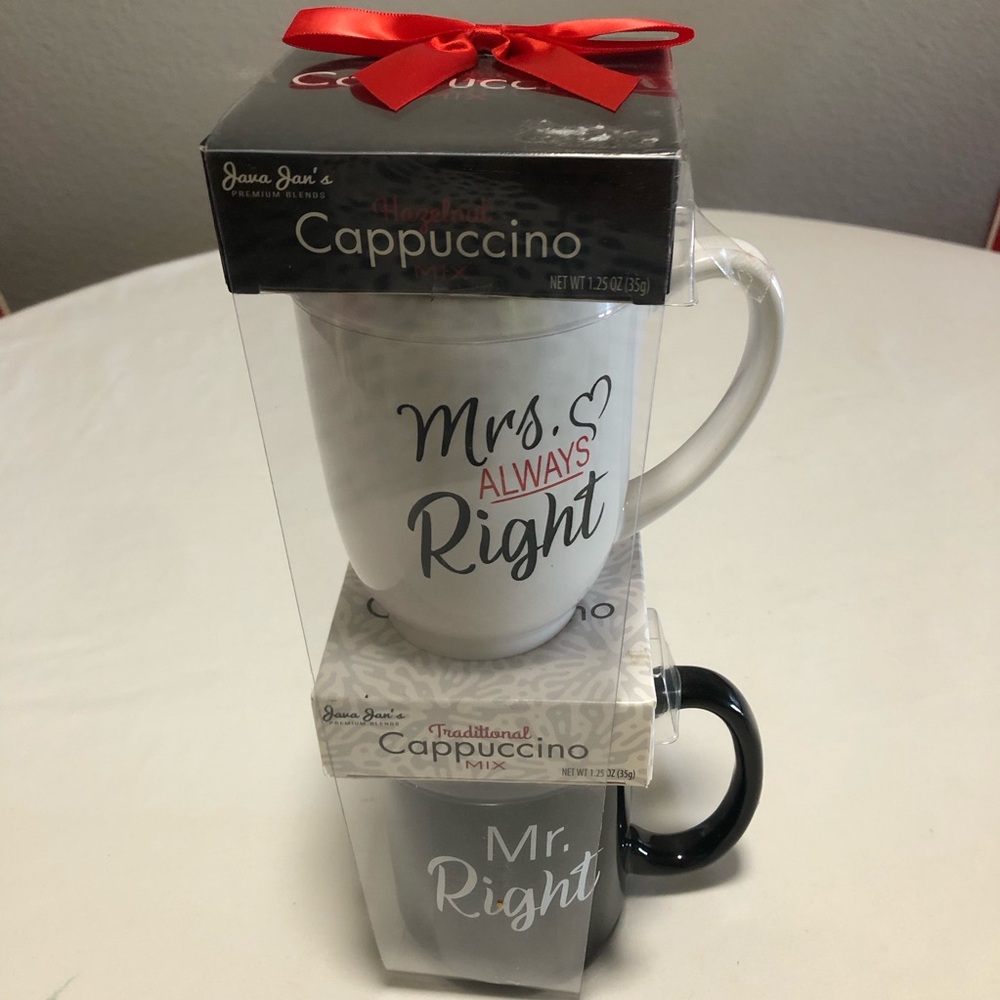 Coffee NEW Mugg Mr. and Mrs. Right Mug Set with Cappuccino Hazelnut Mix.1.25oz.